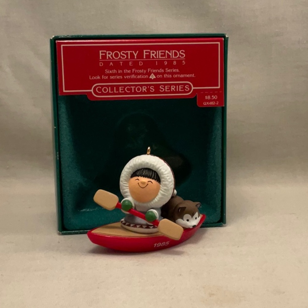 Hallmark Frosty Friends 1985 Christmas Ornament Eskimo Dog in Canoe Vintage 80s